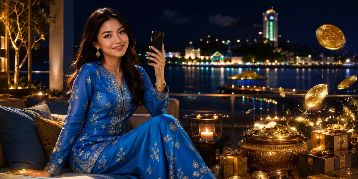Pemain blackjack menggunakan telefon pintar dengan pakaian tradisional Melayu